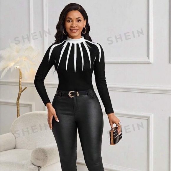 Women’s Stand Collar Black / White Geometric Print Long Sleeve Floral T- Shirt - Picture 5 of 7